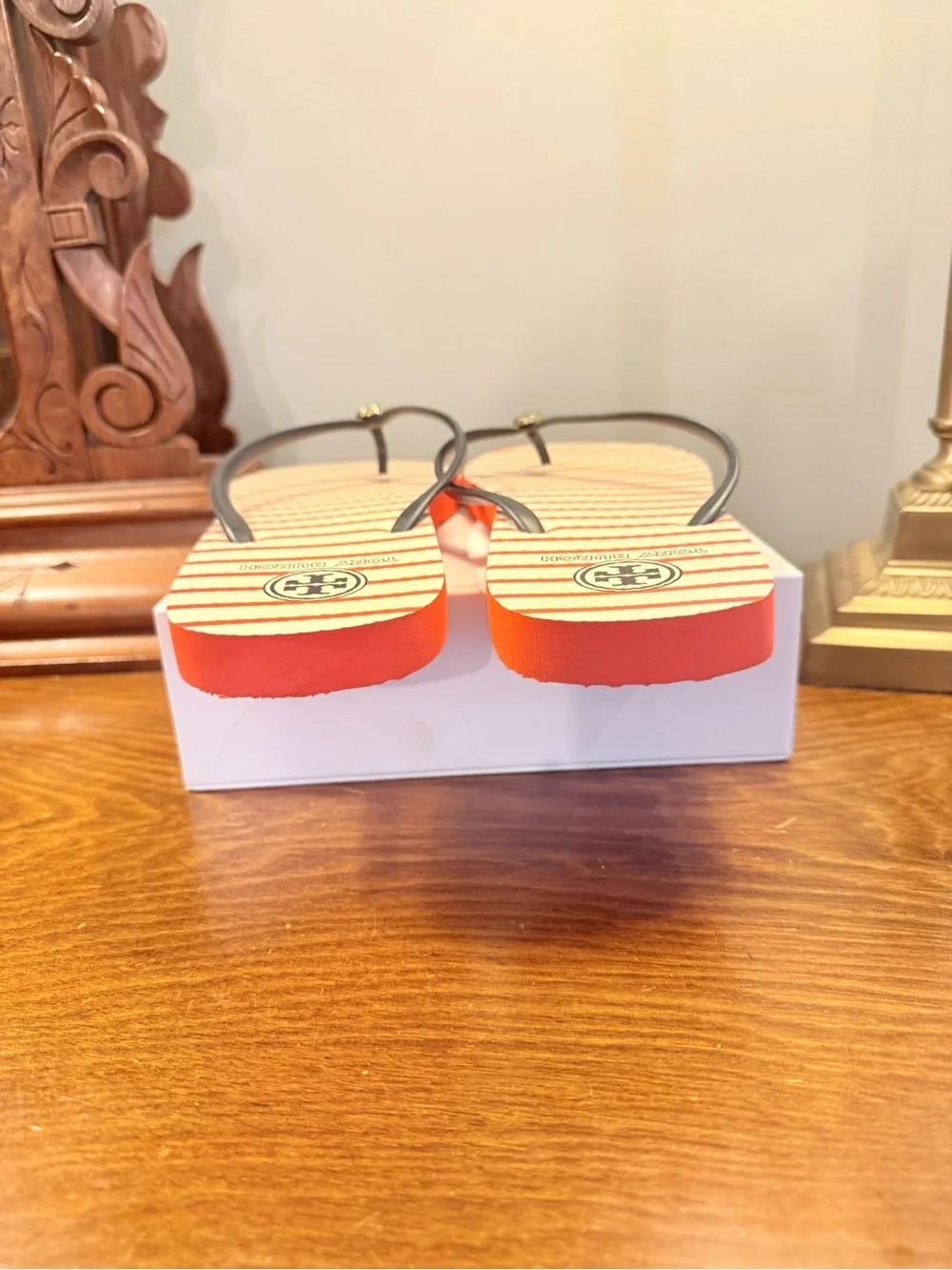 Tory Burch Cream Orange Striped Flip Flop Sandals with Navy Straps Size 11